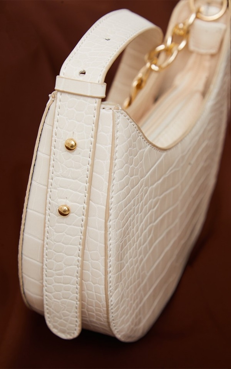 Geanta De Umar Pretty Little Thing Croc Crescent Mixed Chain Curea Albi | PFVU60259