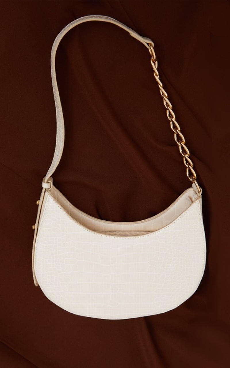 Geanta De Umar Pretty Little Thing Croc Crescent Mixed Chain Curea Albi | PFVU60259