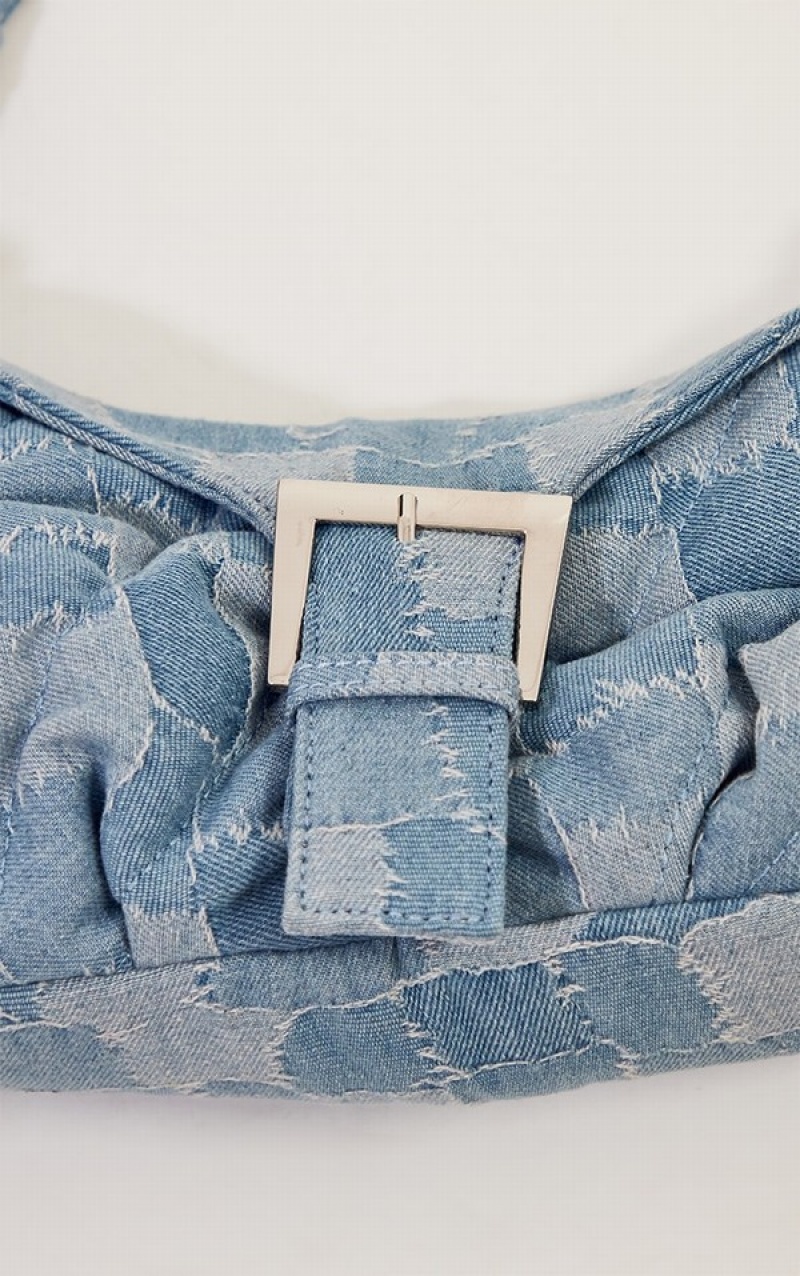 Geanta De Umar Pretty Little Thing Denim Distressed Patchwork Cu Catarama Albastri | EVKM42789