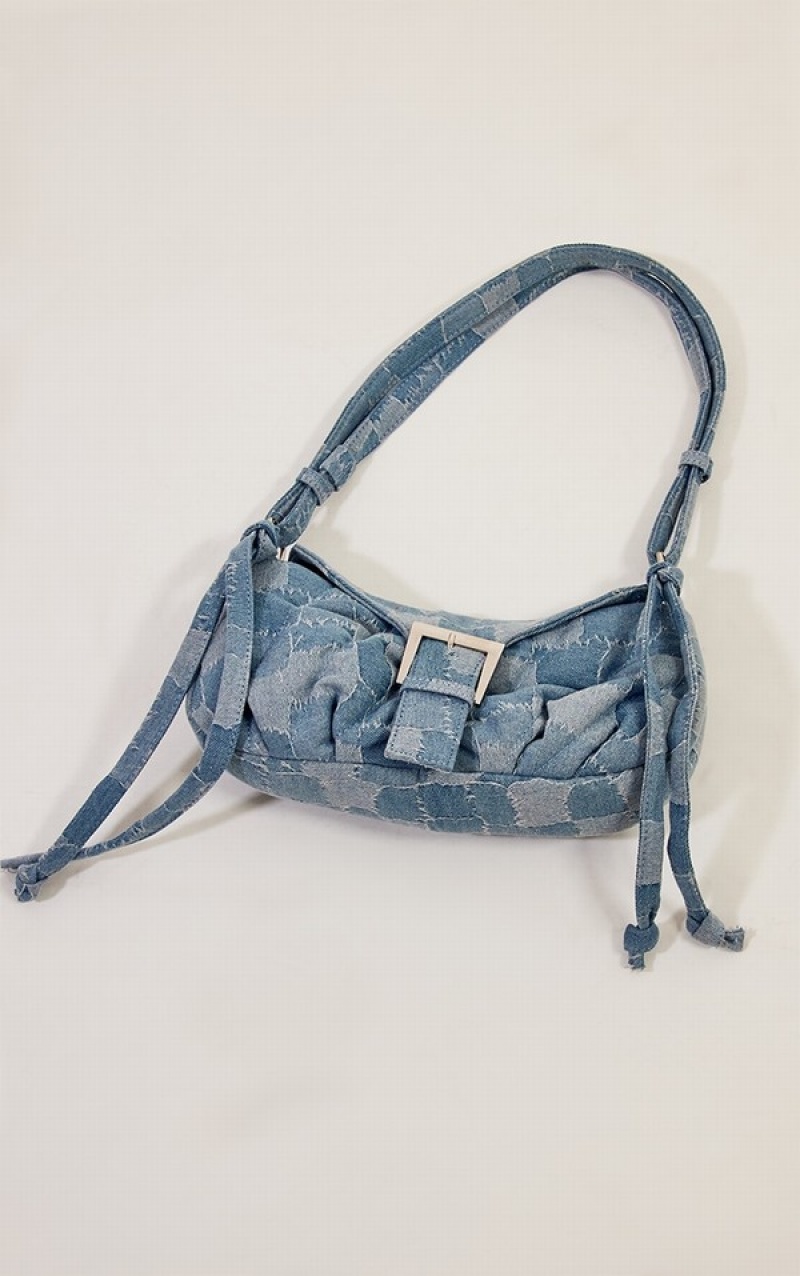 Geanta De Umar Pretty Little Thing Denim Distressed Patchwork Cu Catarama Albastri | EVKM42789