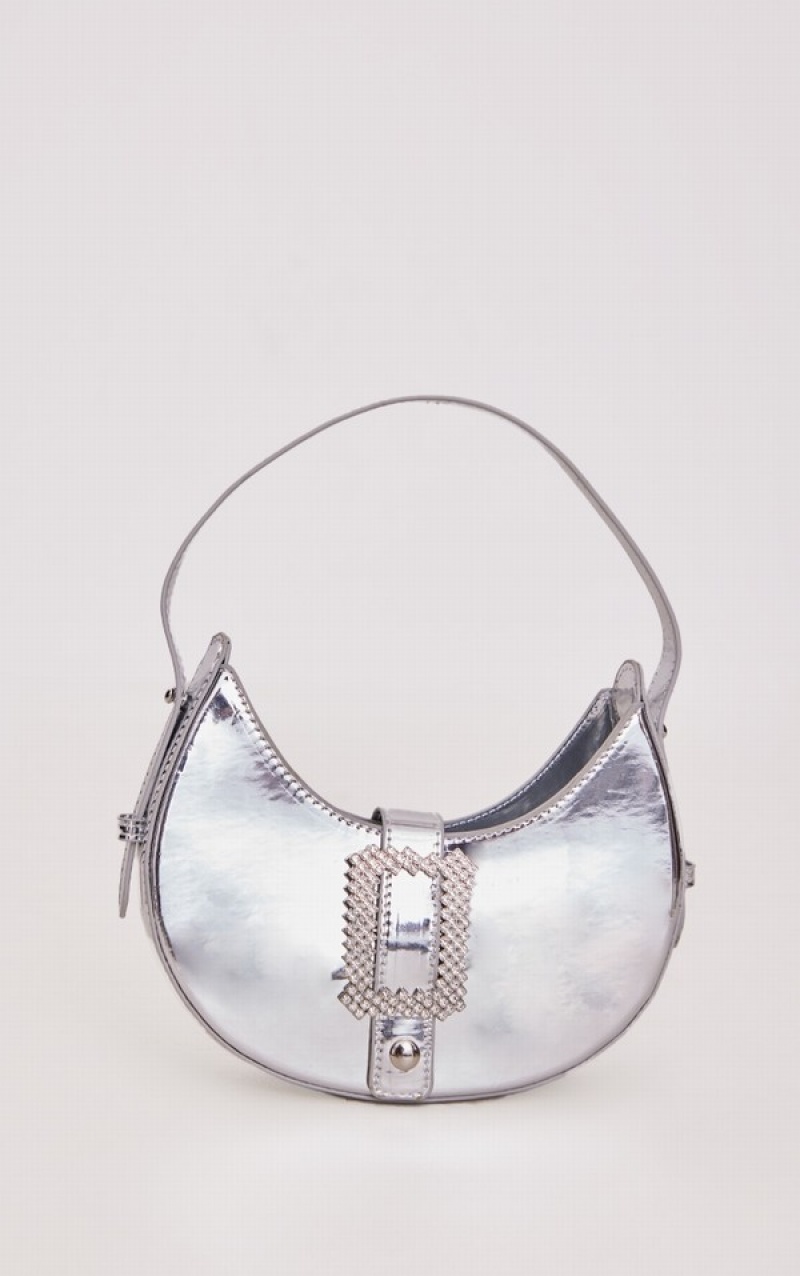 Geanta De Umar Pretty Little Thing Metallic Curved Diamante Cu Catarama Argintii | QBIE95738