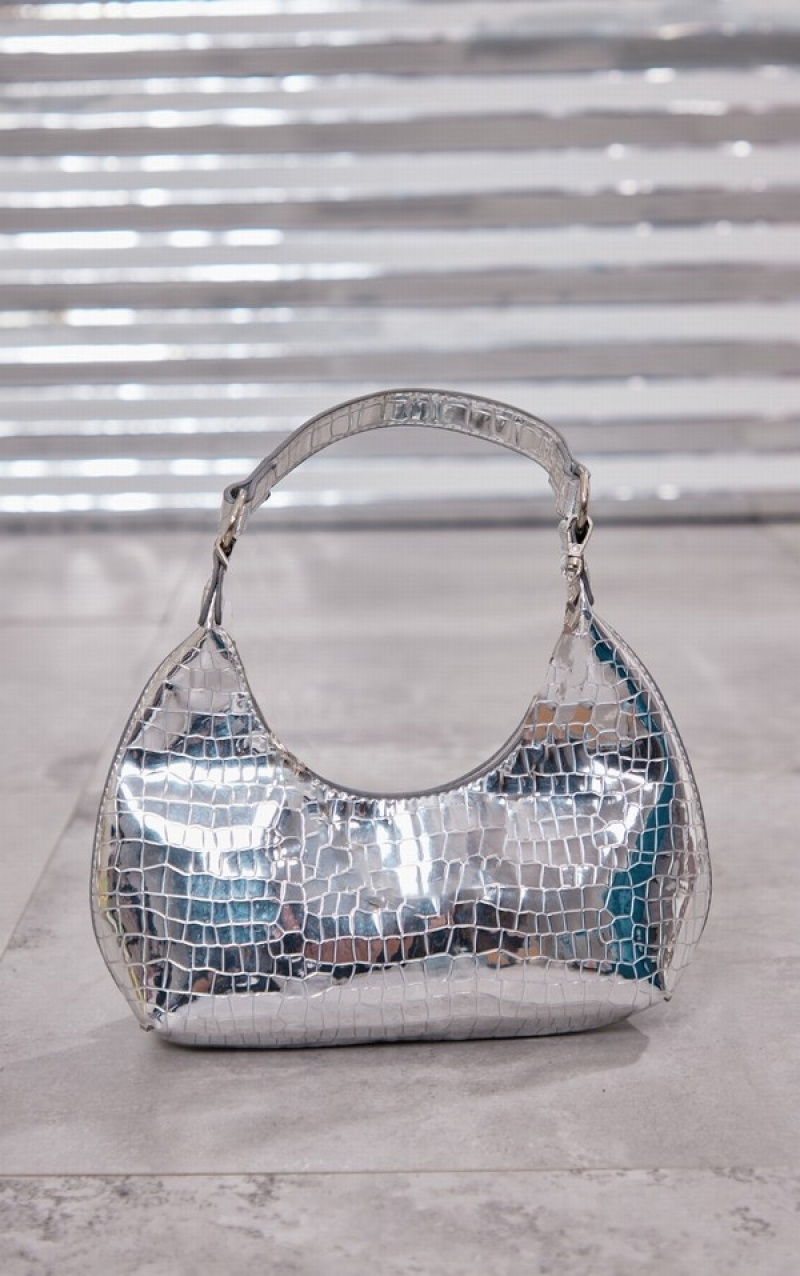 Geanta De Umar Pretty Little Thing MirroCroc Curved Argintii | GBTX64875