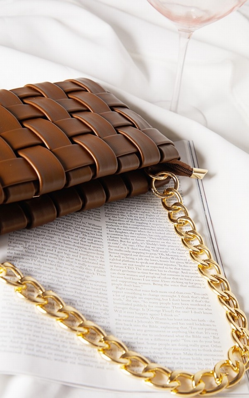 Geanta De Umar Pretty Little Thing Oversized Weave With Chain Ciocolata | AZPE87531