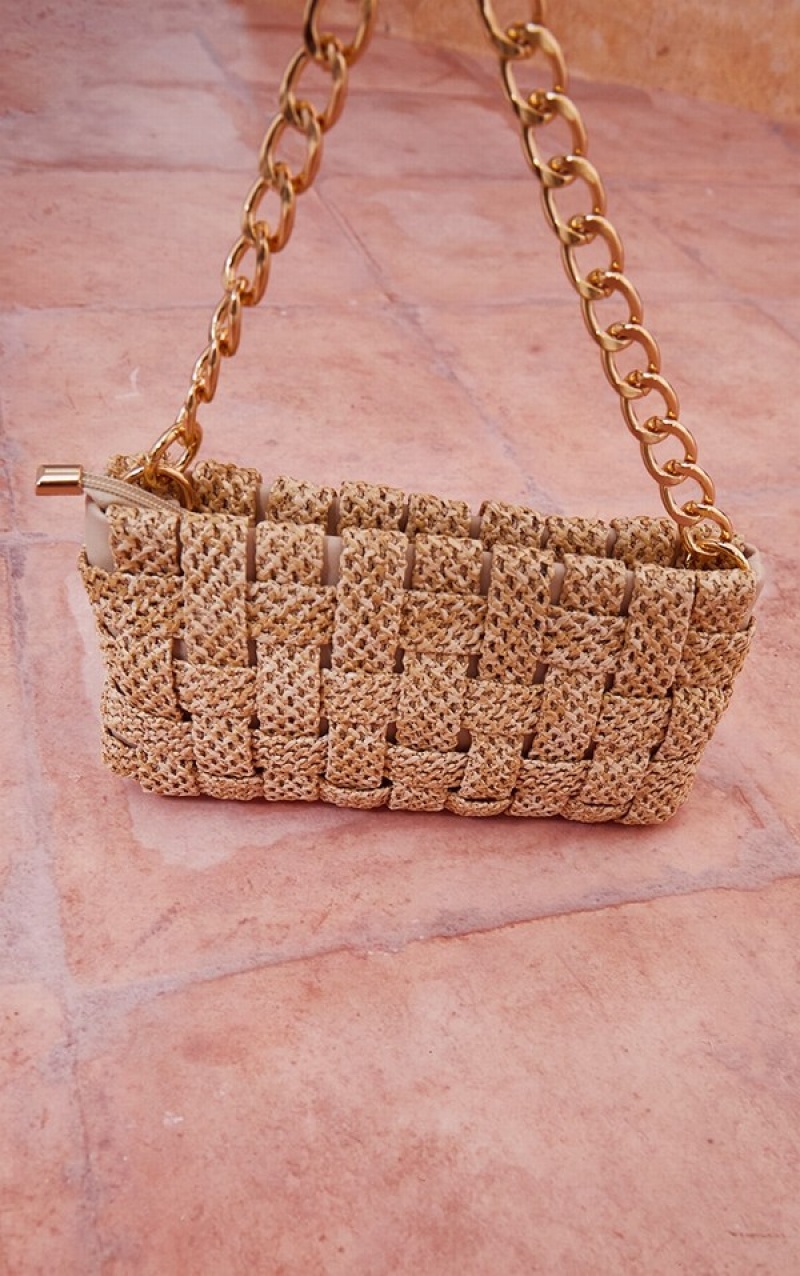Geanta De Umar Pretty Little Thing Sand Oversized Weave Maro | MDOV03792