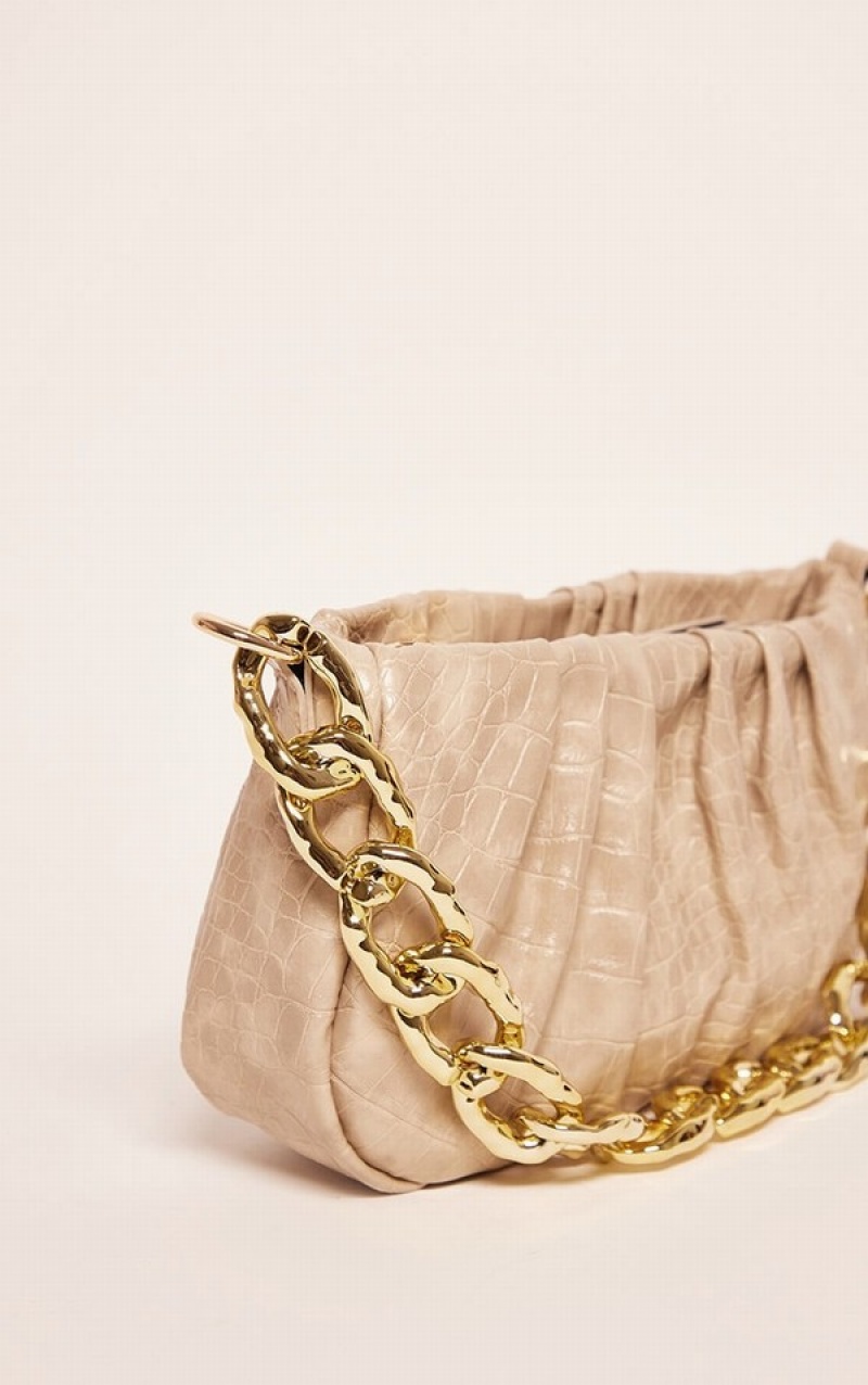 Geanta De Umar Pretty Little Thing Stone PU Croc Chain Gri | BUDE29413