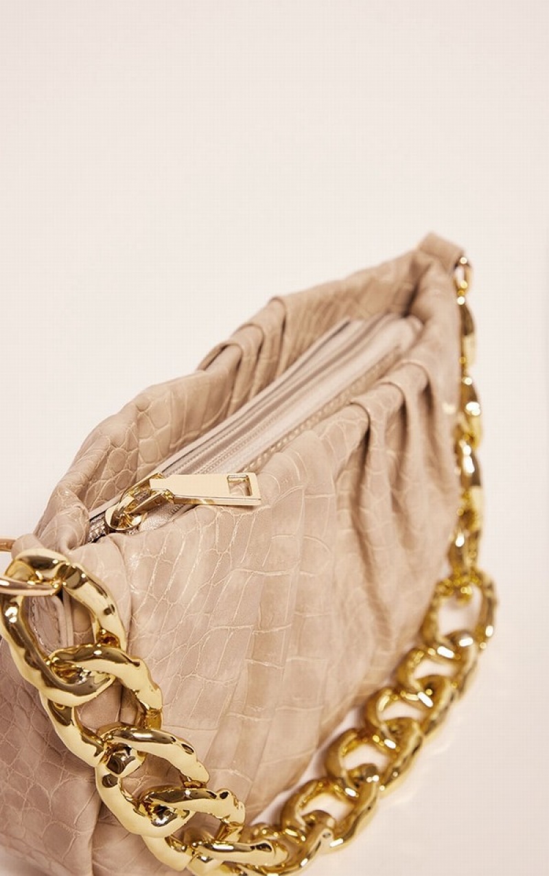 Geanta De Umar Pretty Little Thing Stone PU Croc Chain Gri | BUDE29413