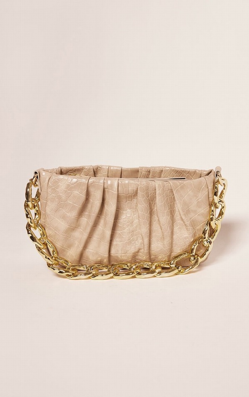 Geanta De Umar Pretty Little Thing Stone PU Croc Chain Gri | BUDE29413