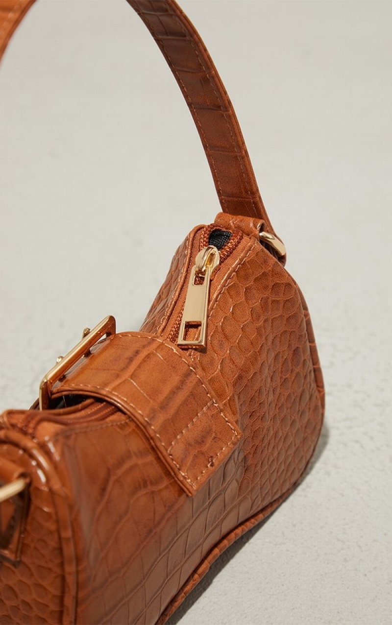 Geanta De Umar Pretty Little Thing Tan Croc Cu Catarama Maro | XNDQ64028
