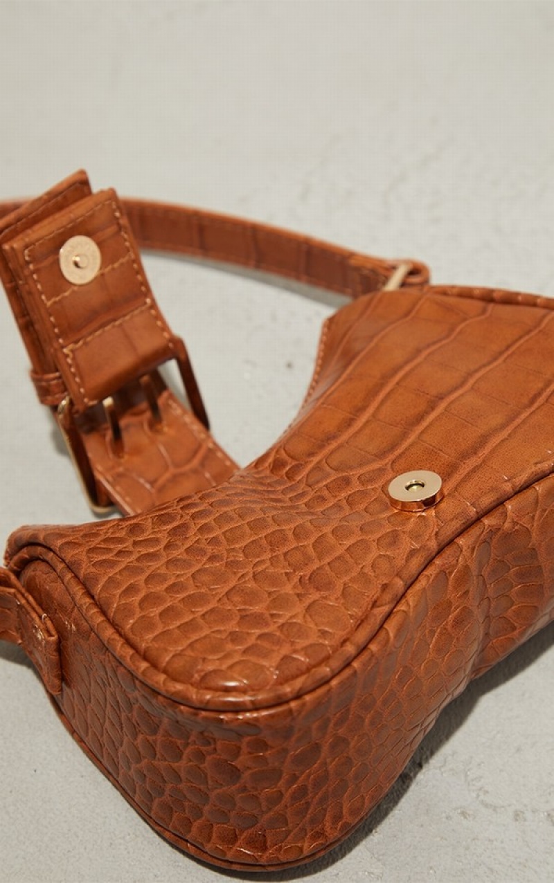Geanta De Umar Pretty Little Thing Tan Croc Cu Catarama Maro | XNDQ64028