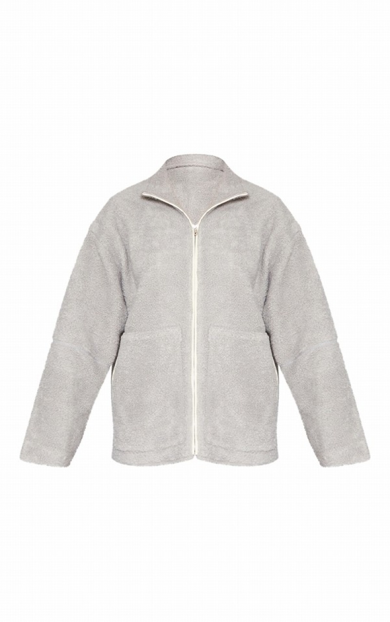 Geci Pretty Little Thing Borg Contrast Piping Fleece Gri Deschis | IGDY14092