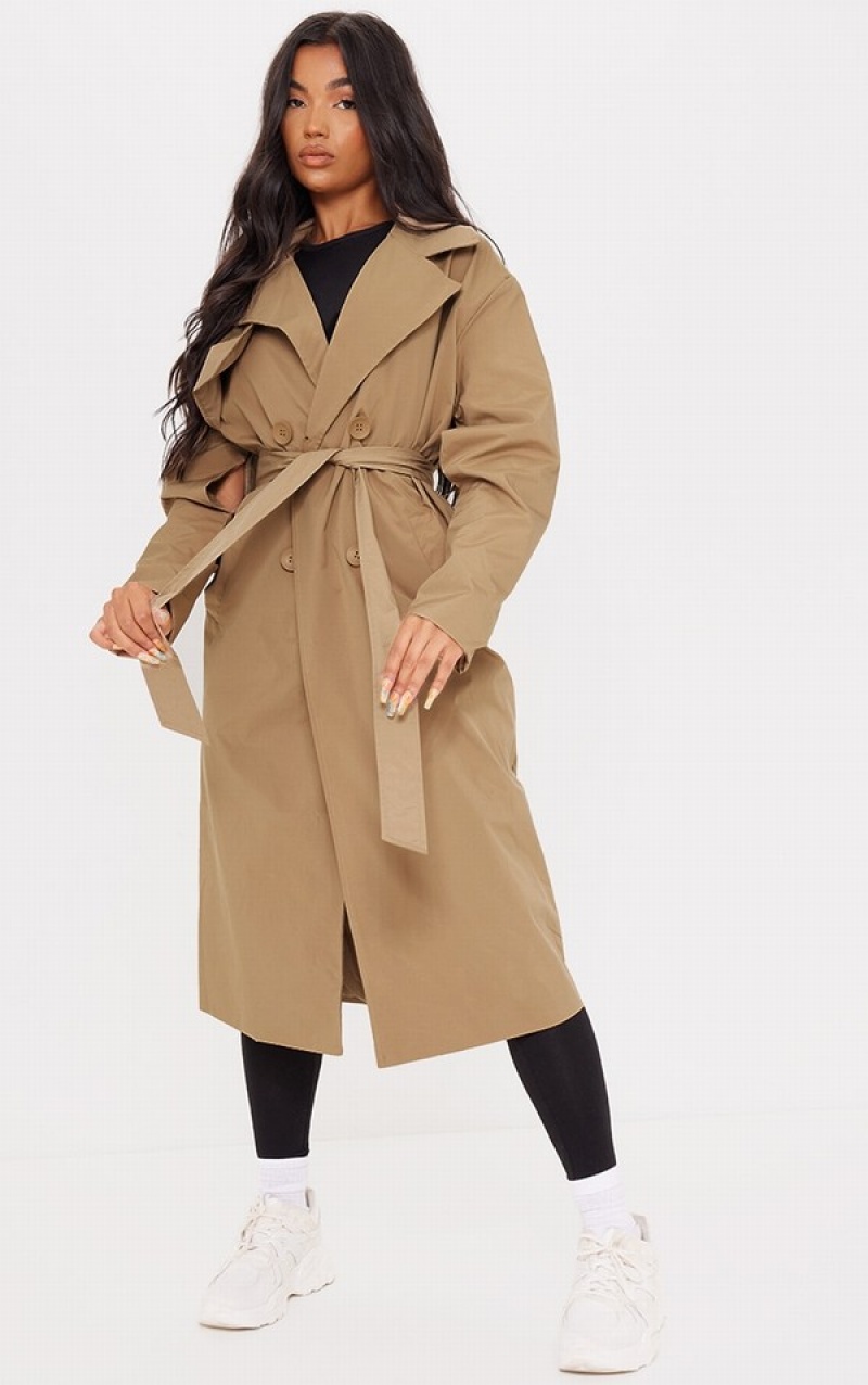 Geci Pretty Little Thing Camel Panel Front Button Down Trench Maro | SWXA42368