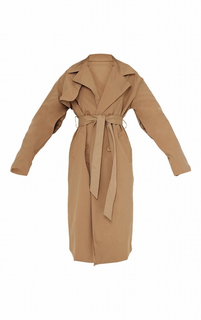 Geci Pretty Little Thing Camel Panel Front Button Down Trench Maro | SWXA42368