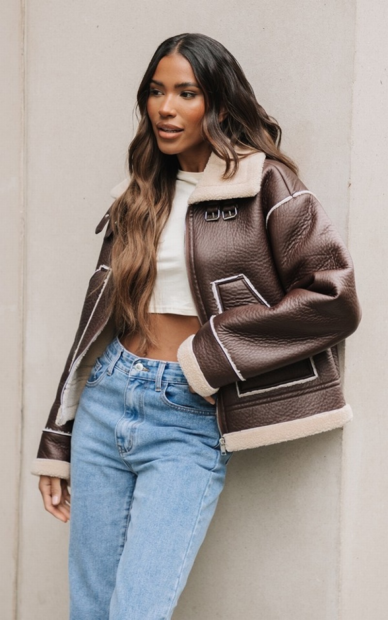 Geci Pretty Little Thing Contrast Borg Captusite Faux Piele Pocket Front Aviator Ciocolata | TWDJ19850