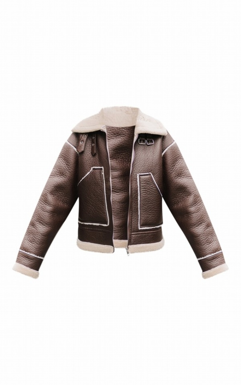 Geci Pretty Little Thing Contrast Borg Captusite Faux Piele Pocket Front Aviator Ciocolata | TWDJ19850