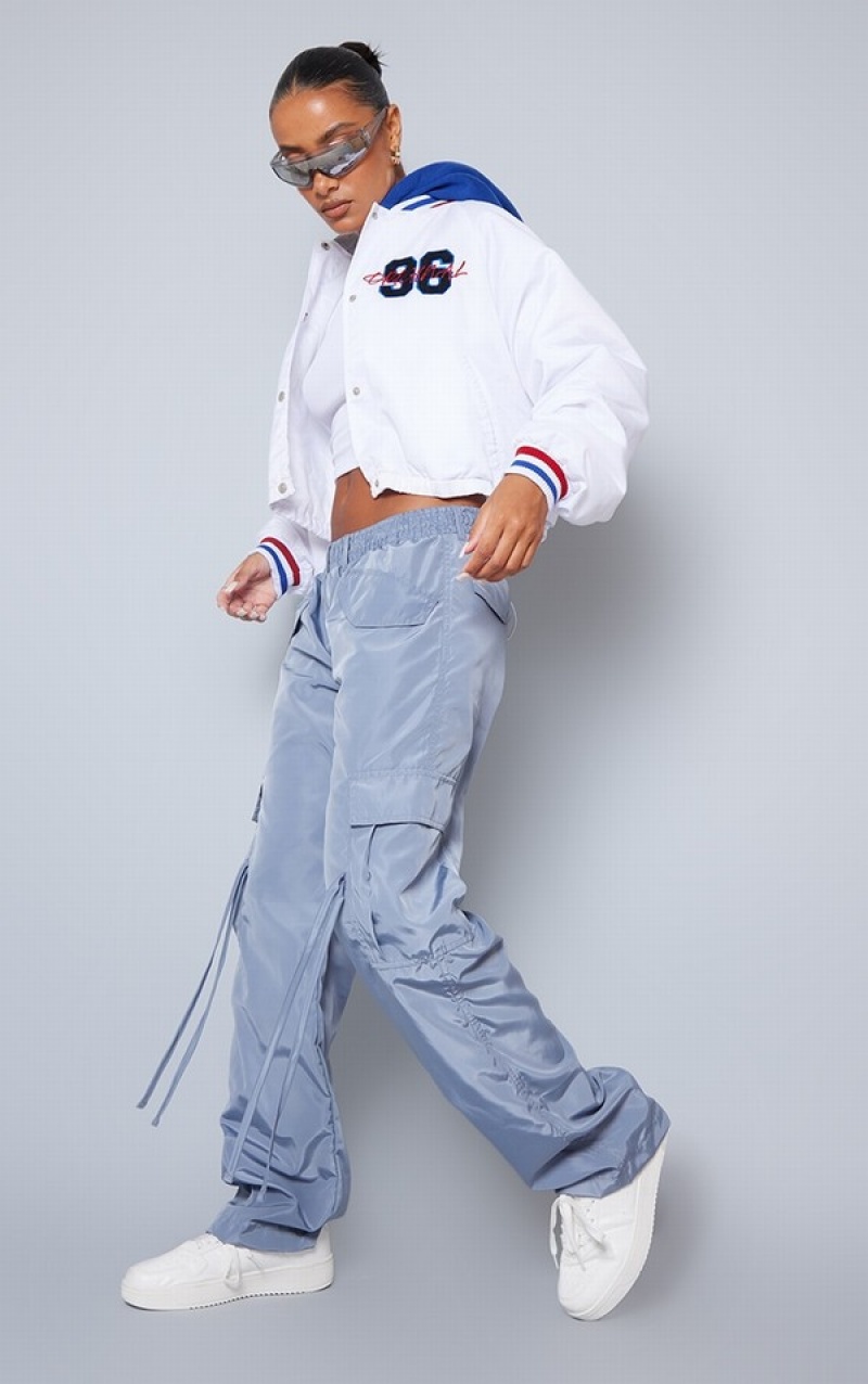 Geci Pretty Little Thing Contrast Jersey Cu Glugă Cropped Nailon Bomber Albi | IPCM72394