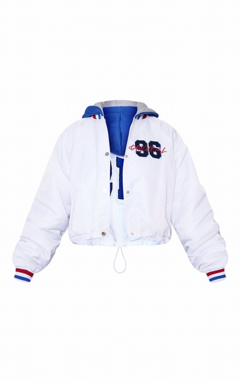 Geci Pretty Little Thing Contrast Jersey Cu Glugă Cropped Nailon Bomber Albi | IPCM72394