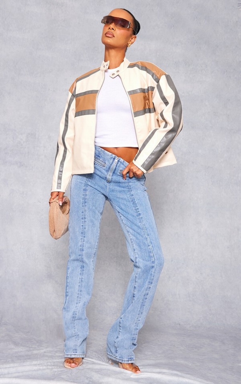 Geci Pretty Little Thing Contrast Stripe Detail Faux Piele Racer Bej | QLMP05468