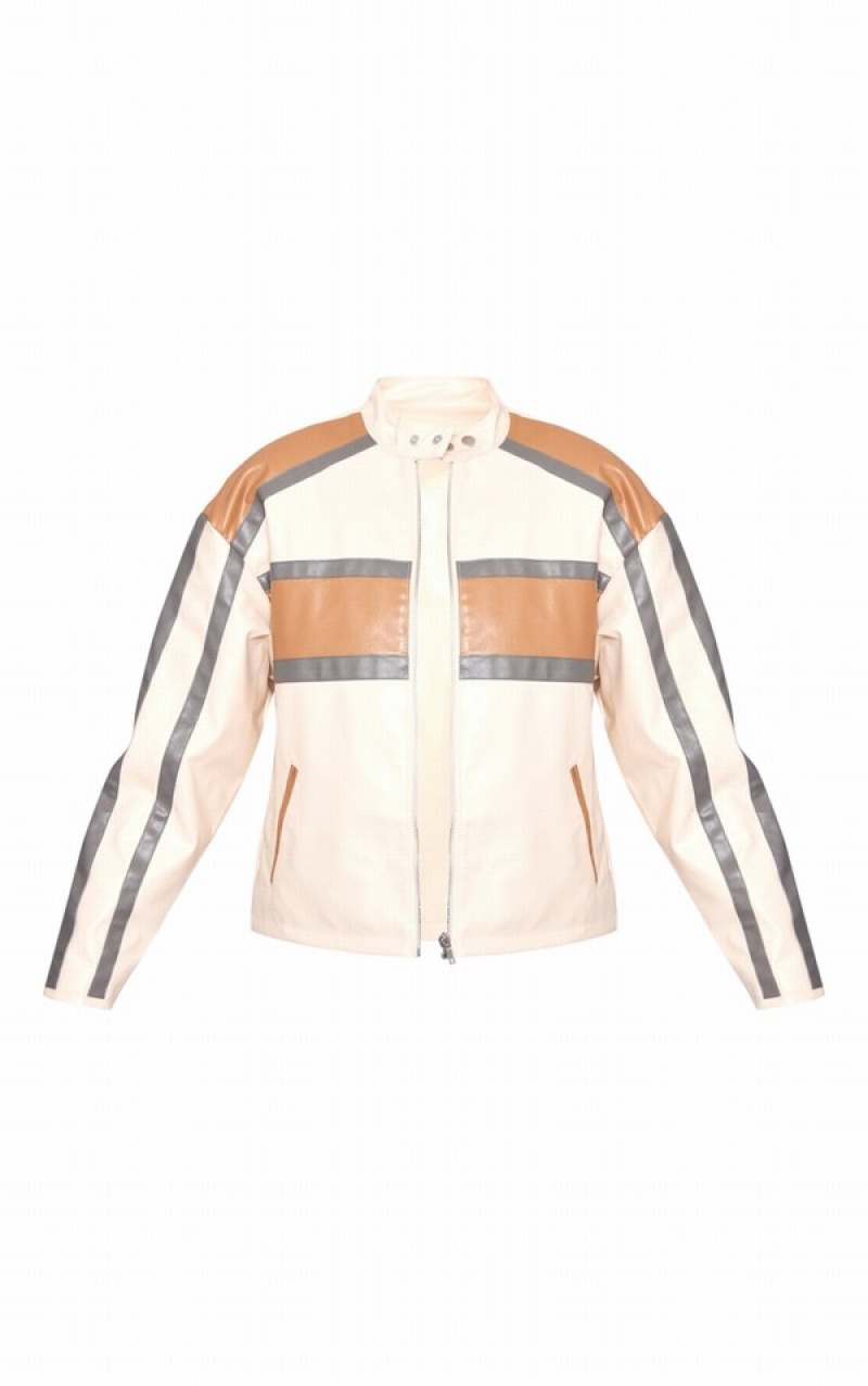 Geci Pretty Little Thing Contrast Stripe Detail Faux Piele Racer Bej | QLMP05468