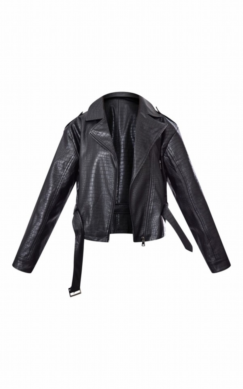 Geci Pretty Little Thing Croc Embossed Oversized ed Hem Biciclist Negrii | WJFQ82347