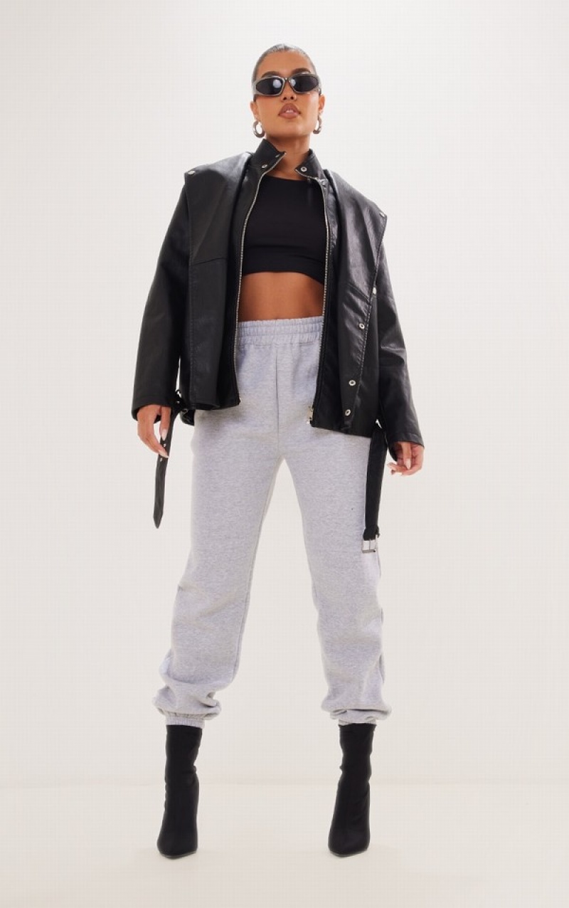 Geci Pretty Little Thing Double Layer TextuFaux Piele Oversized Biciclist Negrii | IVOS34618