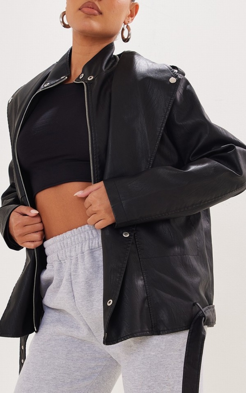 Geci Pretty Little Thing Double Layer TextuFaux Piele Oversized Biciclist Negrii | IVOS34618