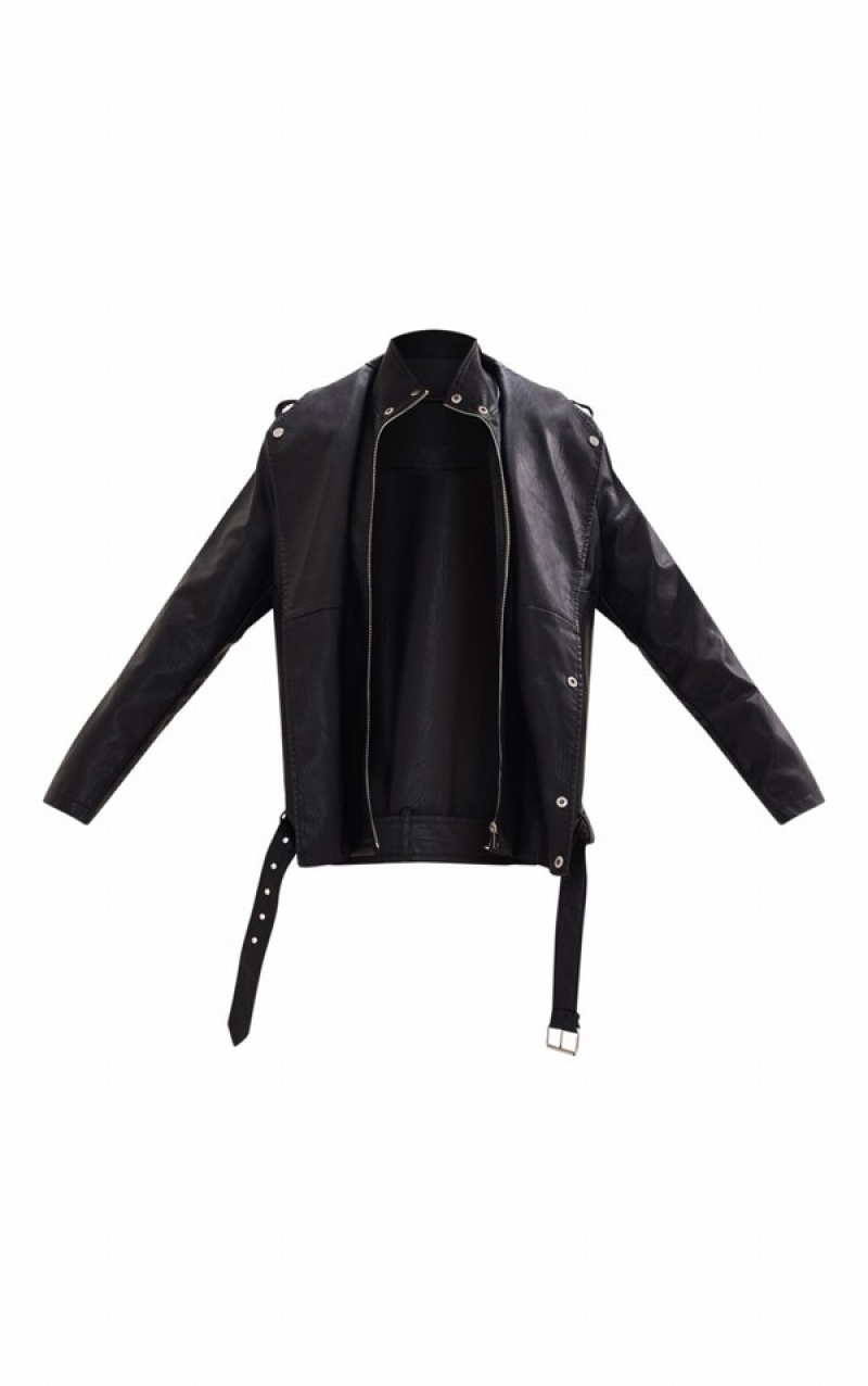 Geci Pretty Little Thing Double Layer TextuFaux Piele Oversized Biciclist Negrii | IVOS34618