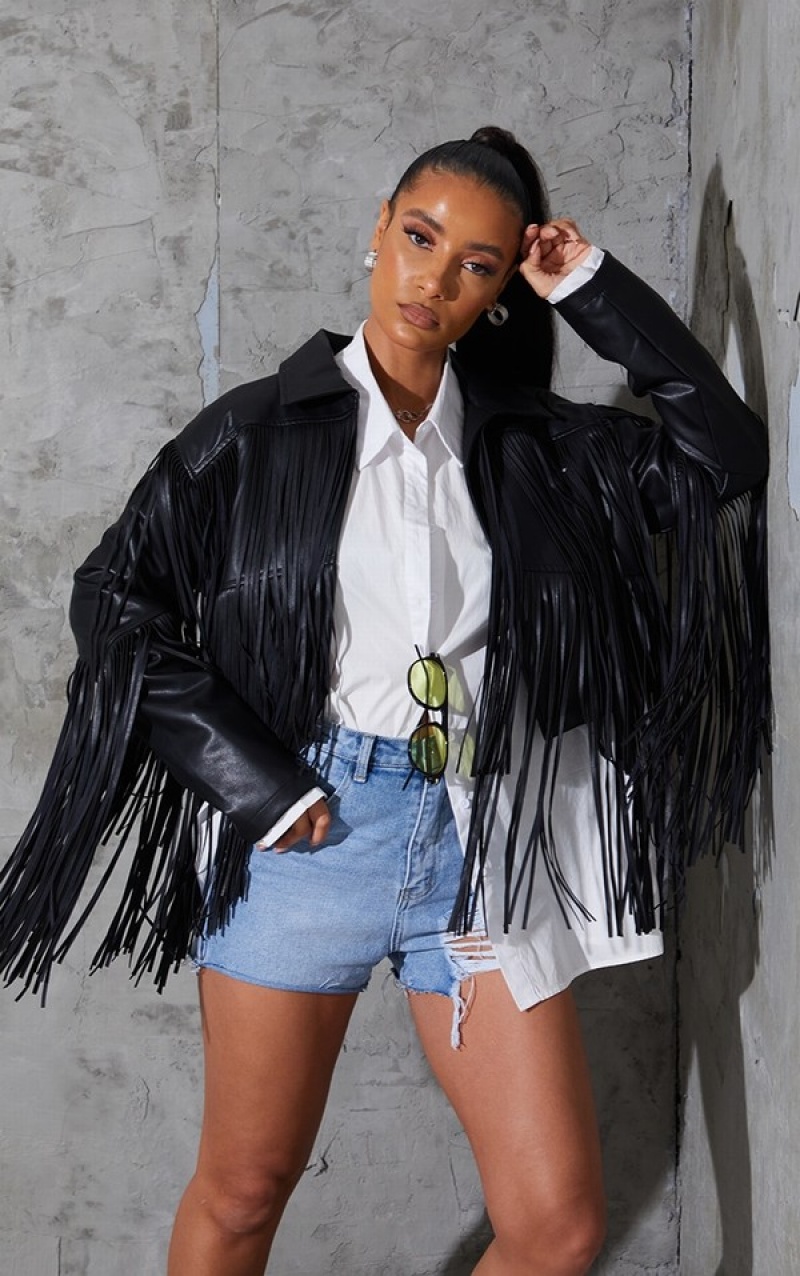 Geci Pretty Little Thing Faux Piele Fringe Cropped Negrii | OWYF67315