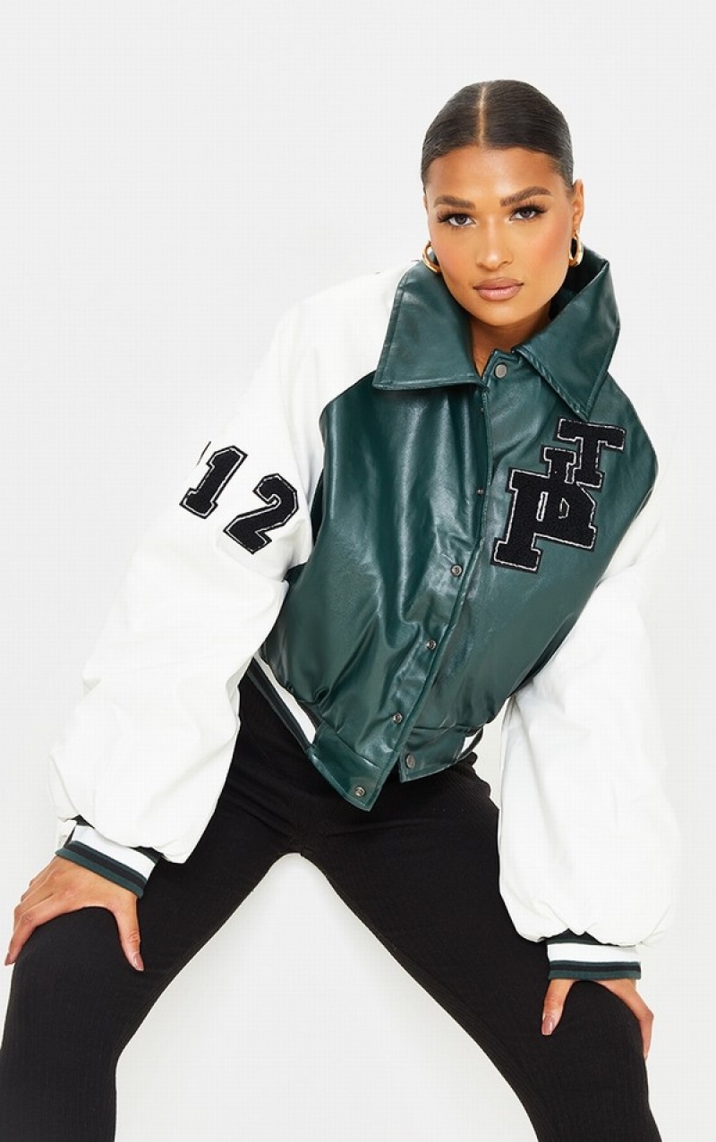 Geci Pretty Little Thing Faux Piele Raglan Sleeve Cropped Varsity Bomber Verzi | DMWN06827