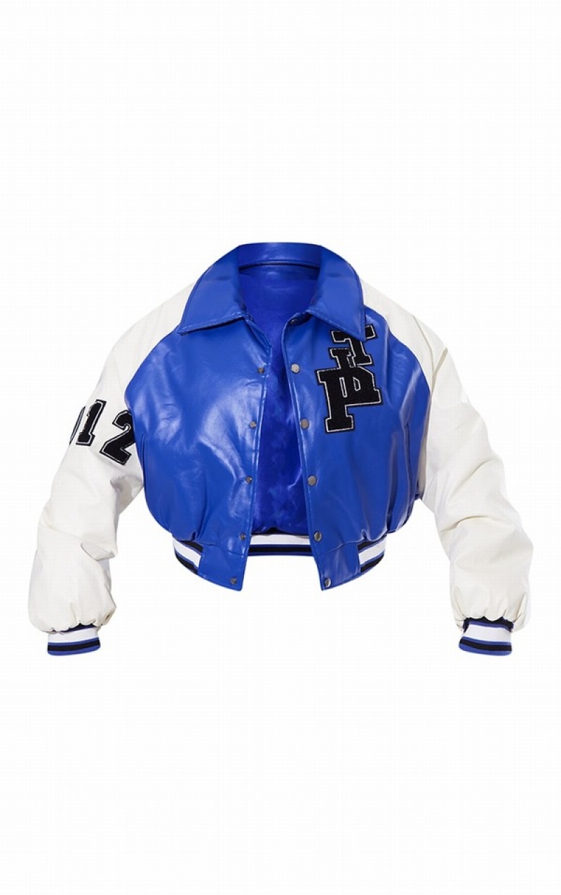Geci Pretty Little Thing Faux Piele Raglan Sleeve Cropped Varsity Bomber Albastri | ZHRK45602