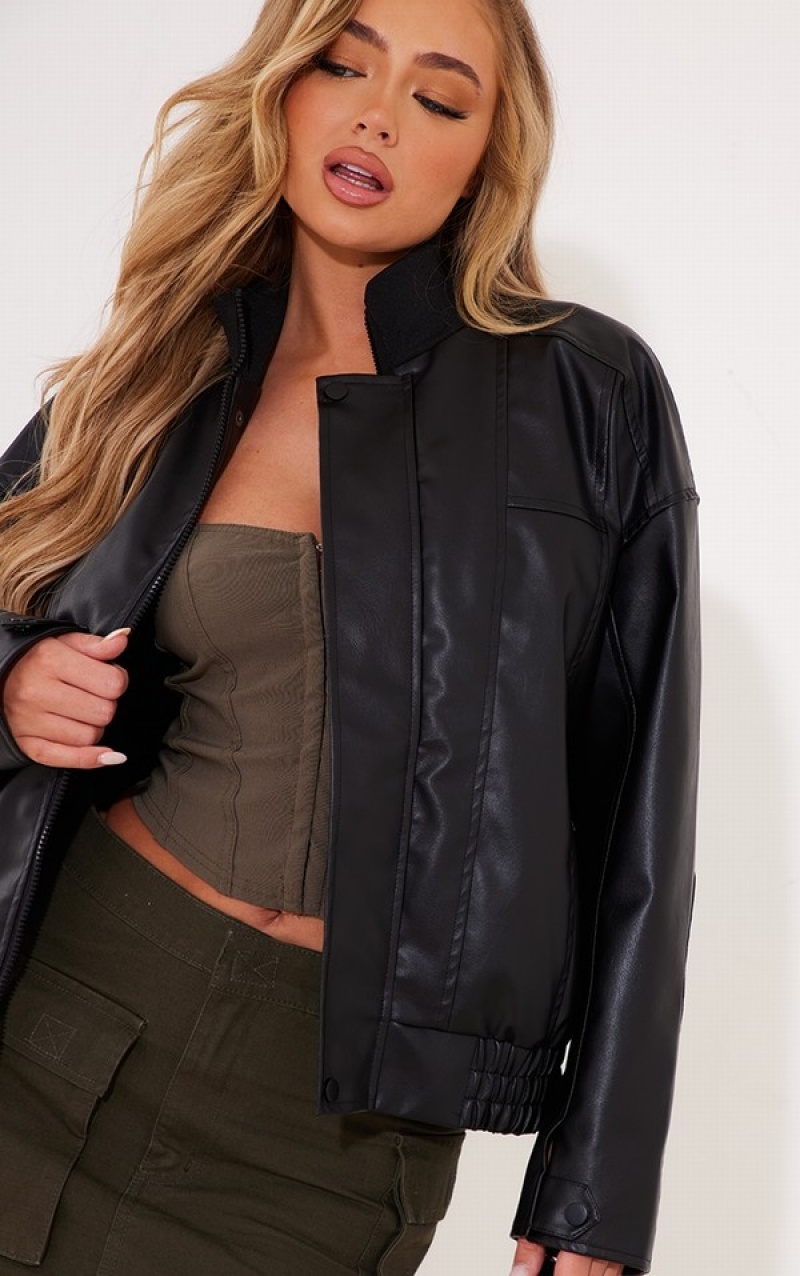 Geci Pretty Little Thing Faux Piele Seam Detail Bomber Negrii | BWLJ05137