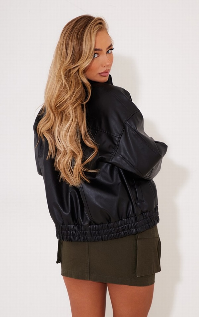 Geci Pretty Little Thing Faux Piele Seam Detail Bomber Negrii | BWLJ05137