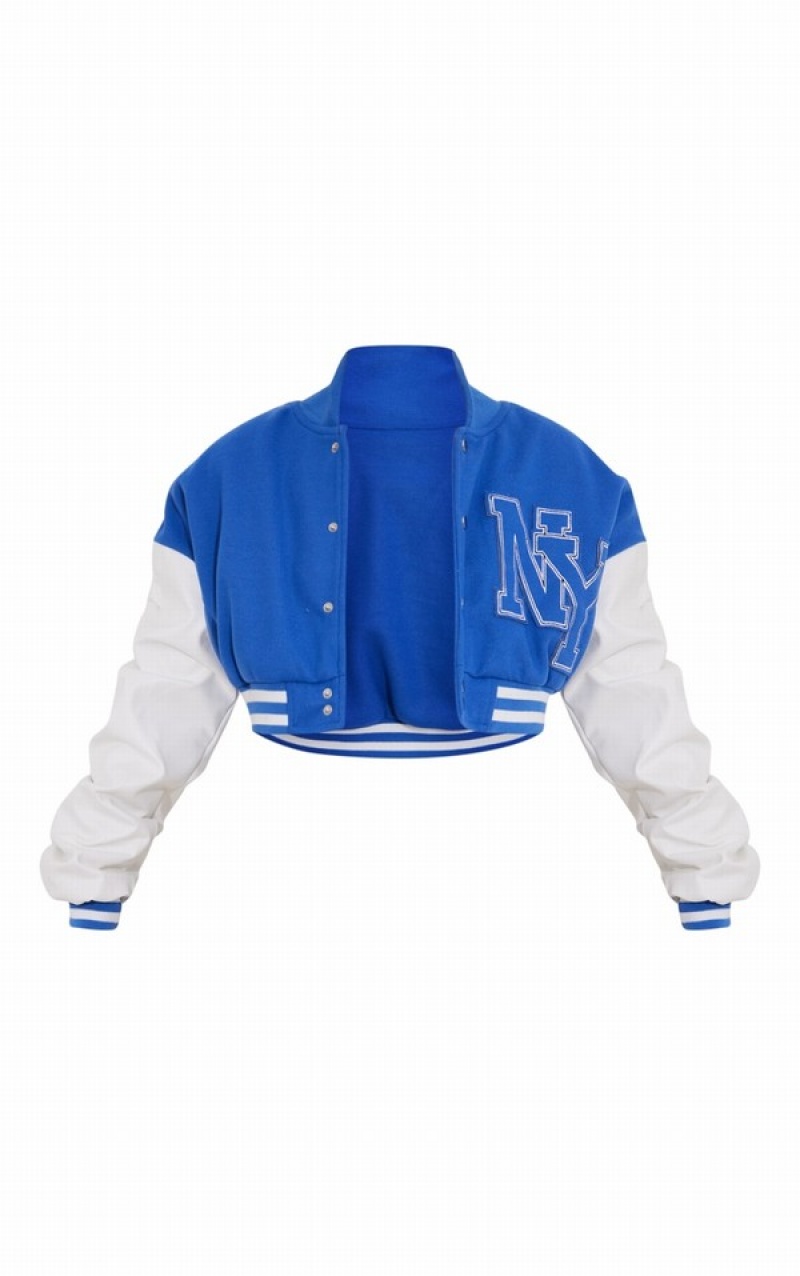 Geci Pretty Little Thing Grafice Front Faux Piele Ruched Sleeve Cropped Bomber Albastri | VZRK90412