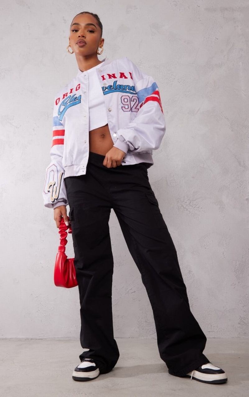 Geci Pretty Little Thing Grafice Front Satin Look Varsity Bomber Albastri | BRTG27043