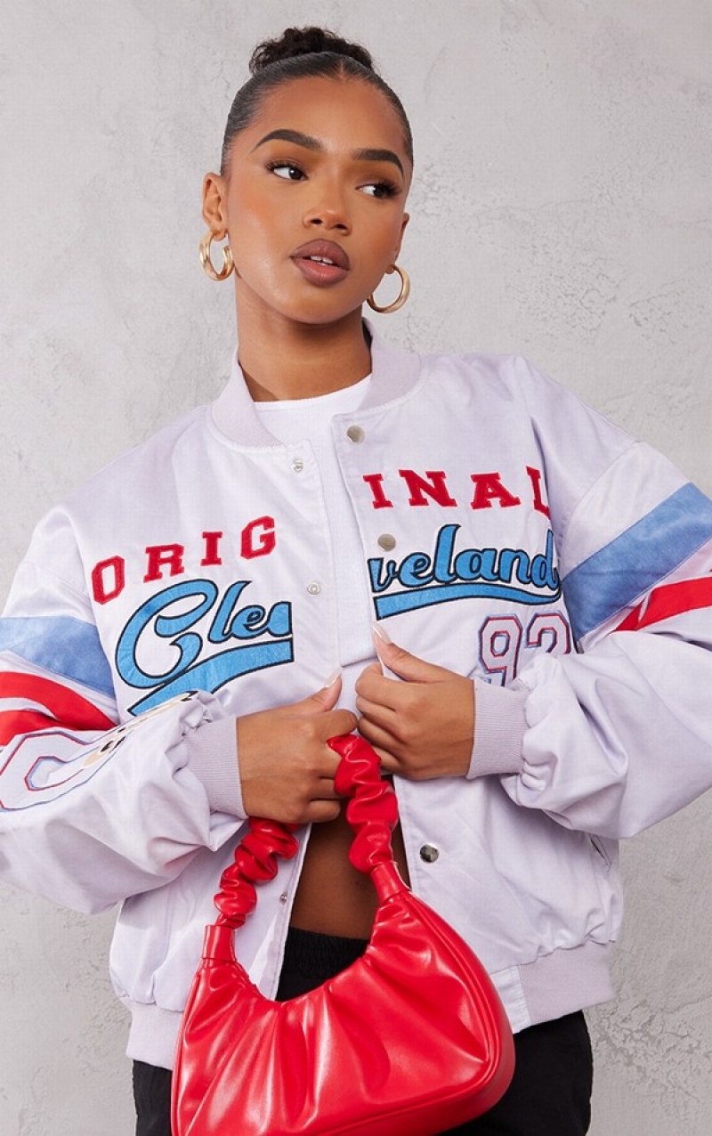 Geci Pretty Little Thing Grafice Front Satin Look Varsity Bomber Albastri | BRTG27043