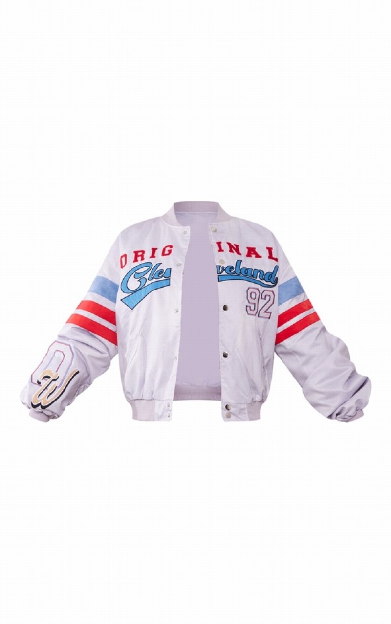 Geci Pretty Little Thing Grafice Front Satin Look Varsity Bomber Albastri | BRTG27043