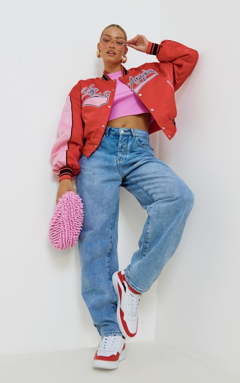 Geci Pretty Little Thing LA Grafice Front Contrast Satin Bomber Rosii | HBPU93285