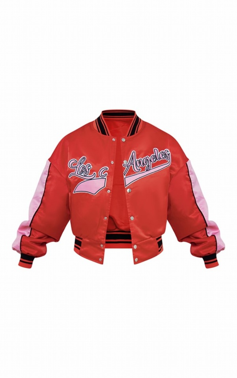 Geci Pretty Little Thing LA Grafice Front Contrast Satin Bomber Rosii | HBPU93285