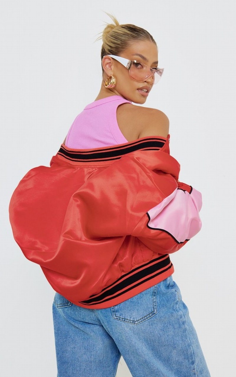 Geci Pretty Little Thing LA Grafice Front Contrast Satin Bomber Rosii | HBPU93285