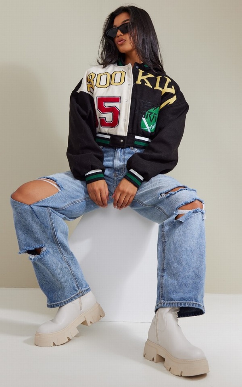 Geci Pretty Little Thing Lână Look Grafice Front Cropped Bomber Negrii | MIWJ30576