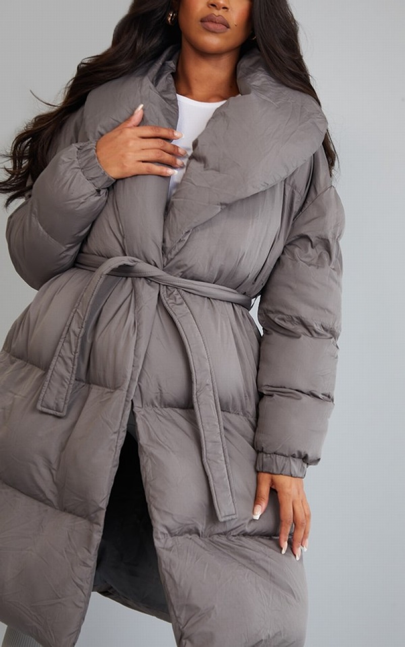 Geci Pretty Little Thing Maternity Oversized Collar ed Longline Puffer Gri | VMZJ14529