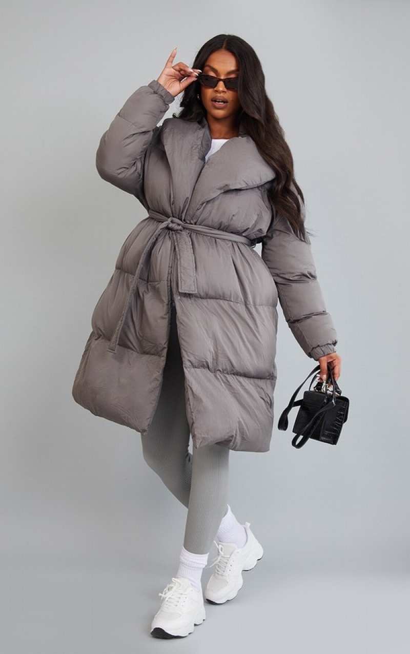 Geci Pretty Little Thing Maternity Oversized Collar ed Longline Puffer Gri | VMZJ14529