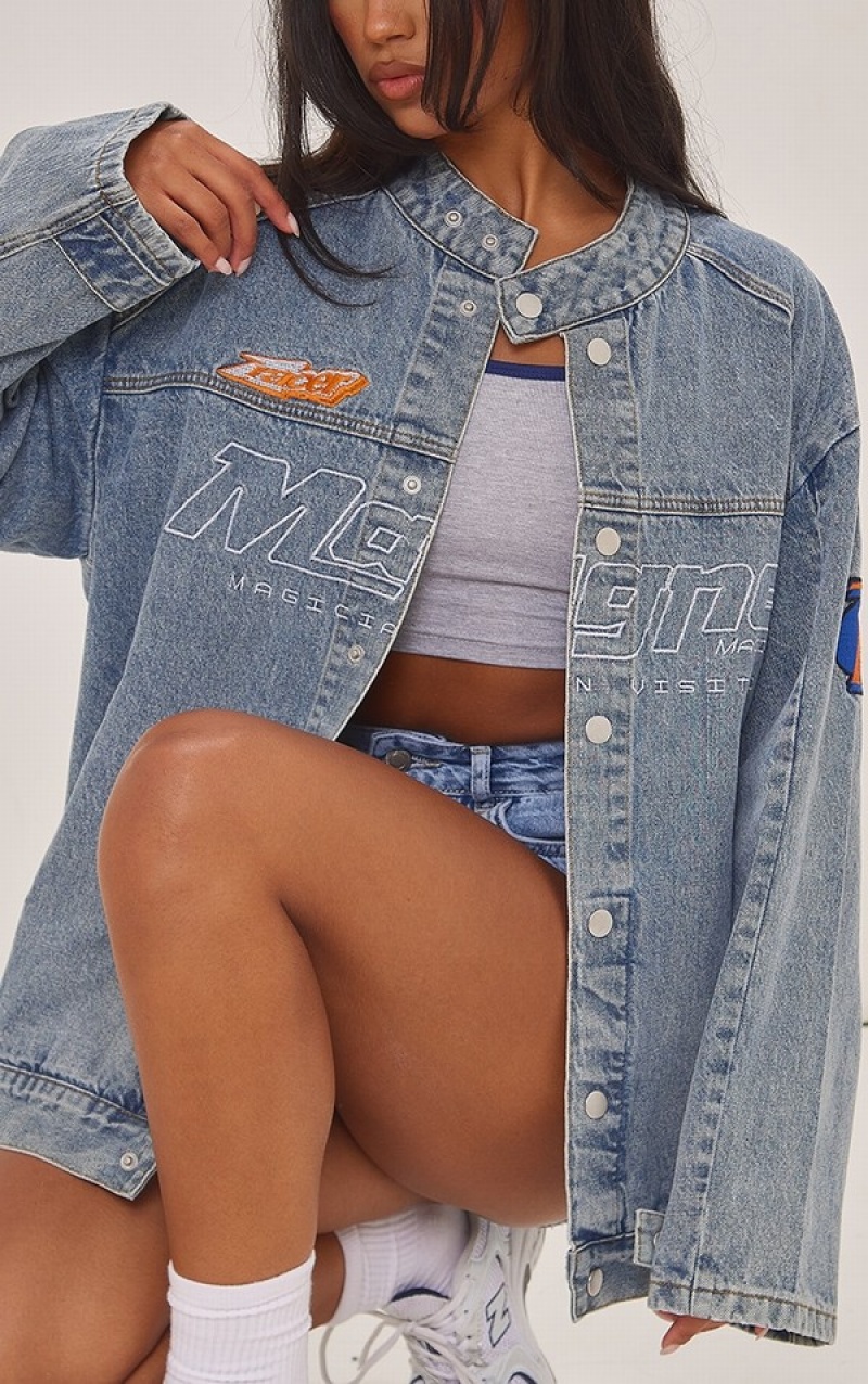 Geci Pretty Little Thing Mid-High Wash Racer Grafice Oversized Albastri Albastru Deschis | UYRB64879