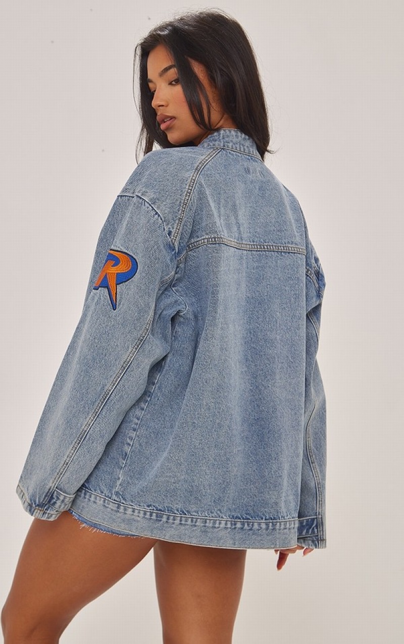 Geci Pretty Little Thing Mid-High Wash Racer Grafice Oversized Albastri Albastru Deschis | UYRB64879