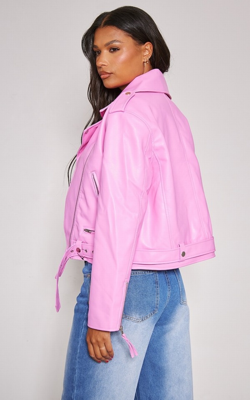 Geci Pretty Little Thing Oversized Faux Piele Matlasat Biciclist Roz | ABOG97046