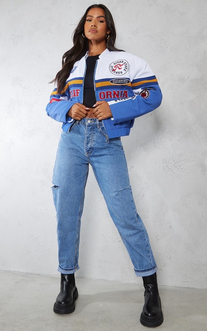 Geci Pretty Little Thing Oversized Grafice Zipped Racer Bomber Albastri | LVTZ81350