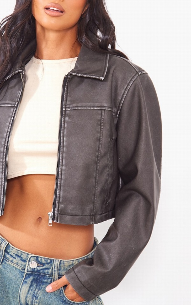Geci Pretty Little Thing Petite Distressed Look Boxy Cropped Faux Piele Gri | SOWP48153