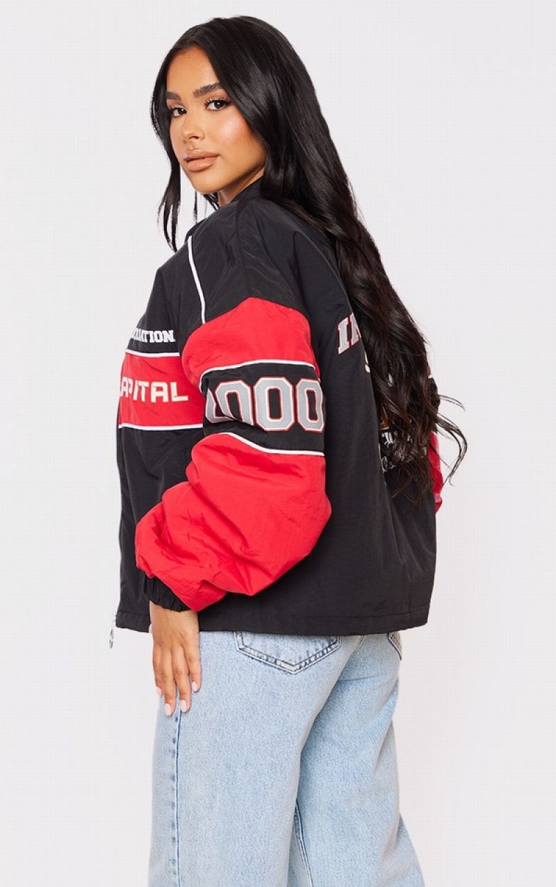 Geci Pretty Little Thing Petite Oversized Grafice Zipped Racer Bomber Negrii | YQPW93058