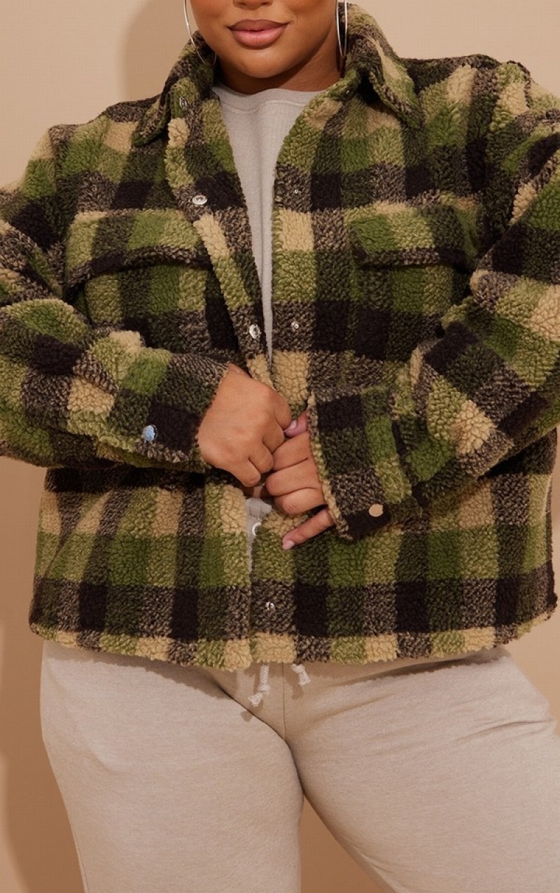 Geci Pretty Little Thing Plus Borg Check Shacket Albi | CVLH95620