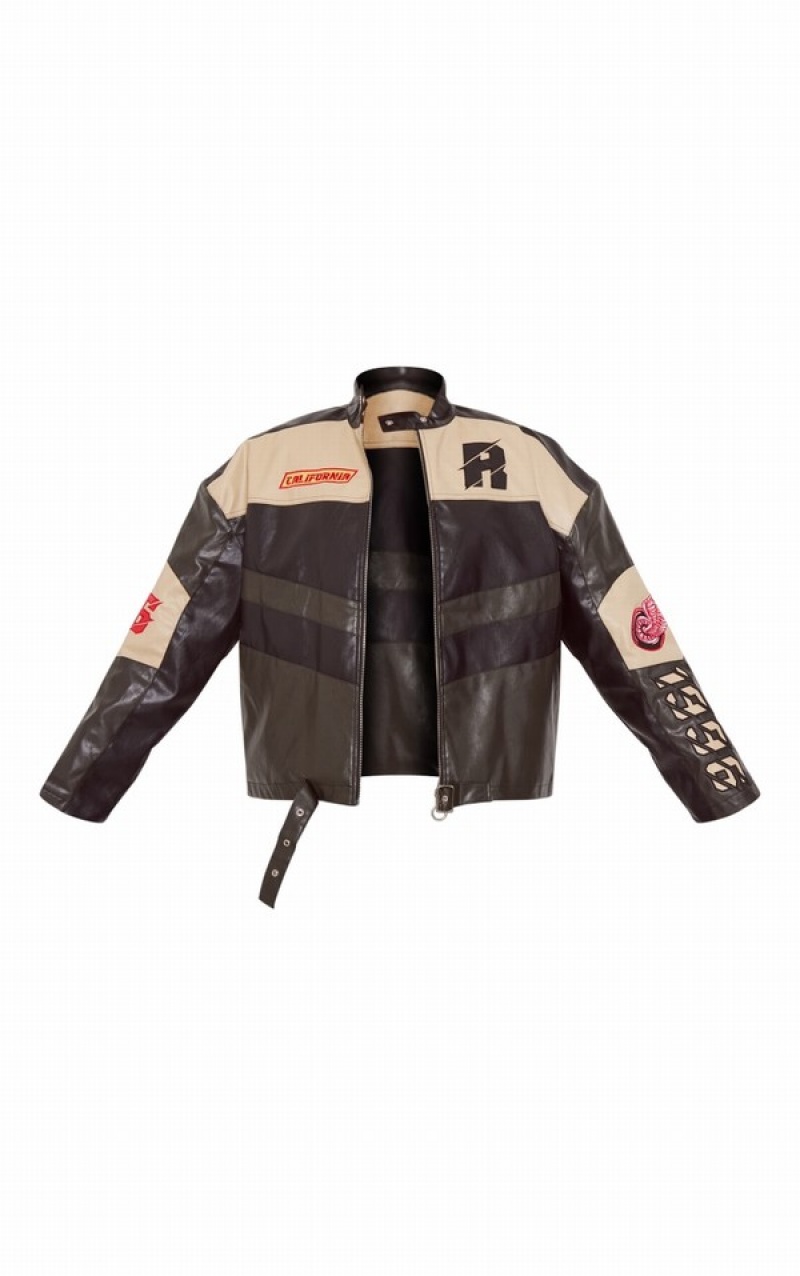 Geci Pretty Little Thing Plus Contrast Panel Oversized Faux Piele Motocross Negrii | YPJT80259