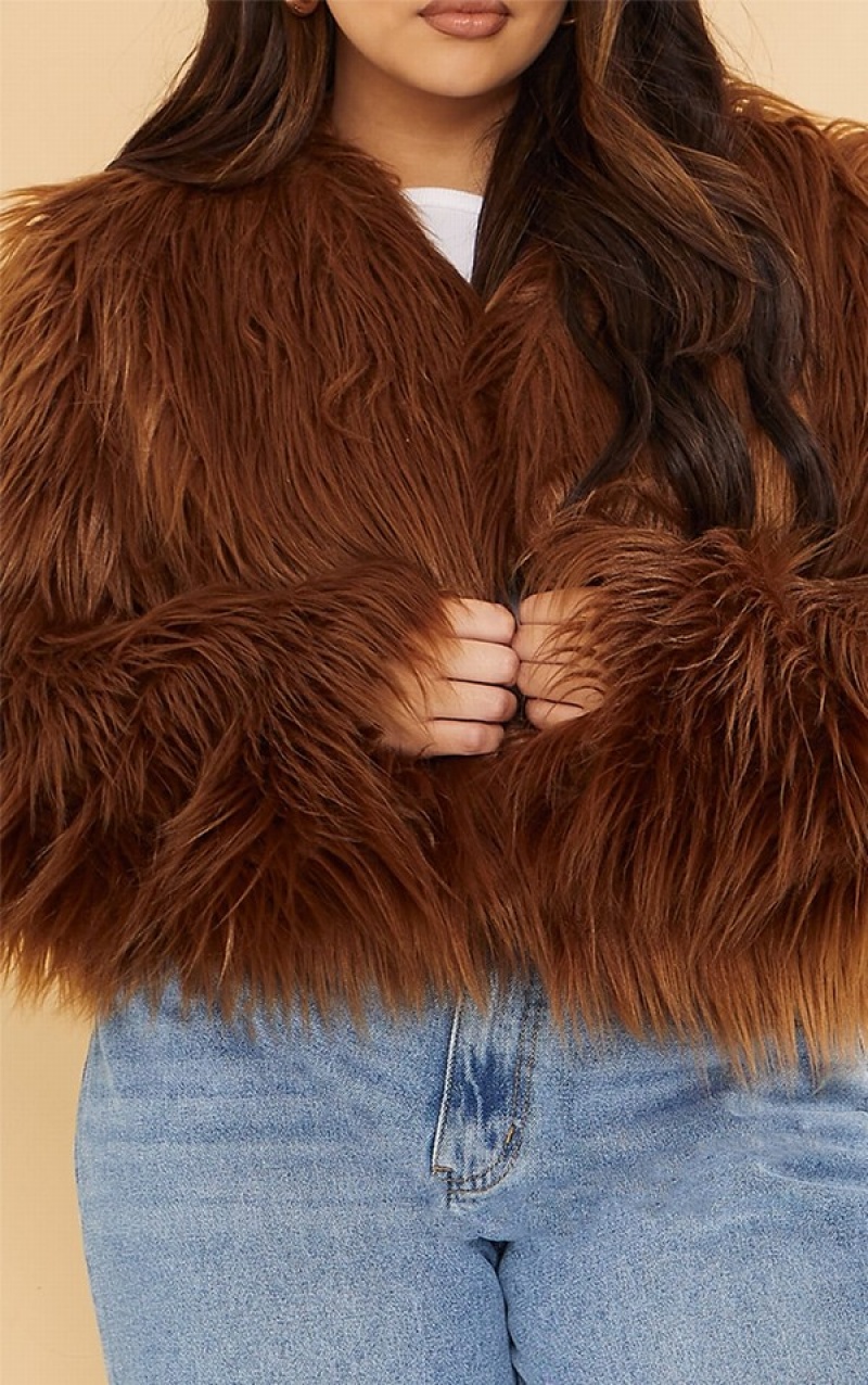 Geci Pretty Little Thing Plus Faux Fur Shaggy Cropped Ciocolata | EJIC14785